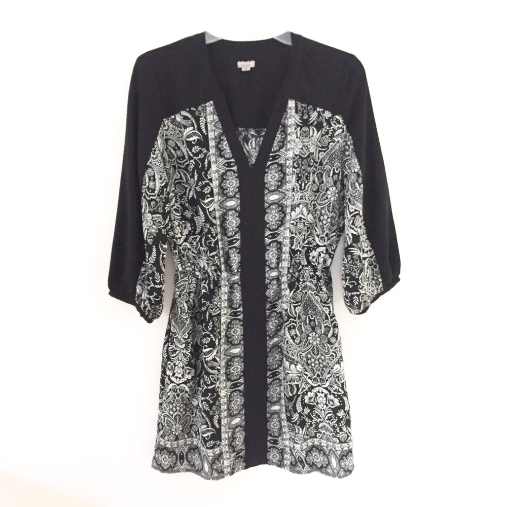 ECOTE Black and White Patterned Boho Short Dress M